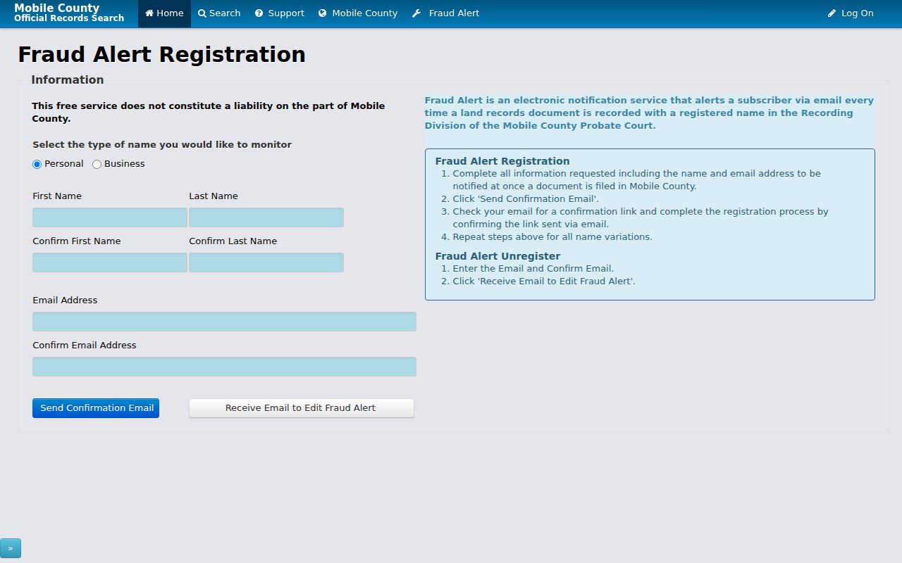 Mobile County neighbors Landmark Fraud Alert form