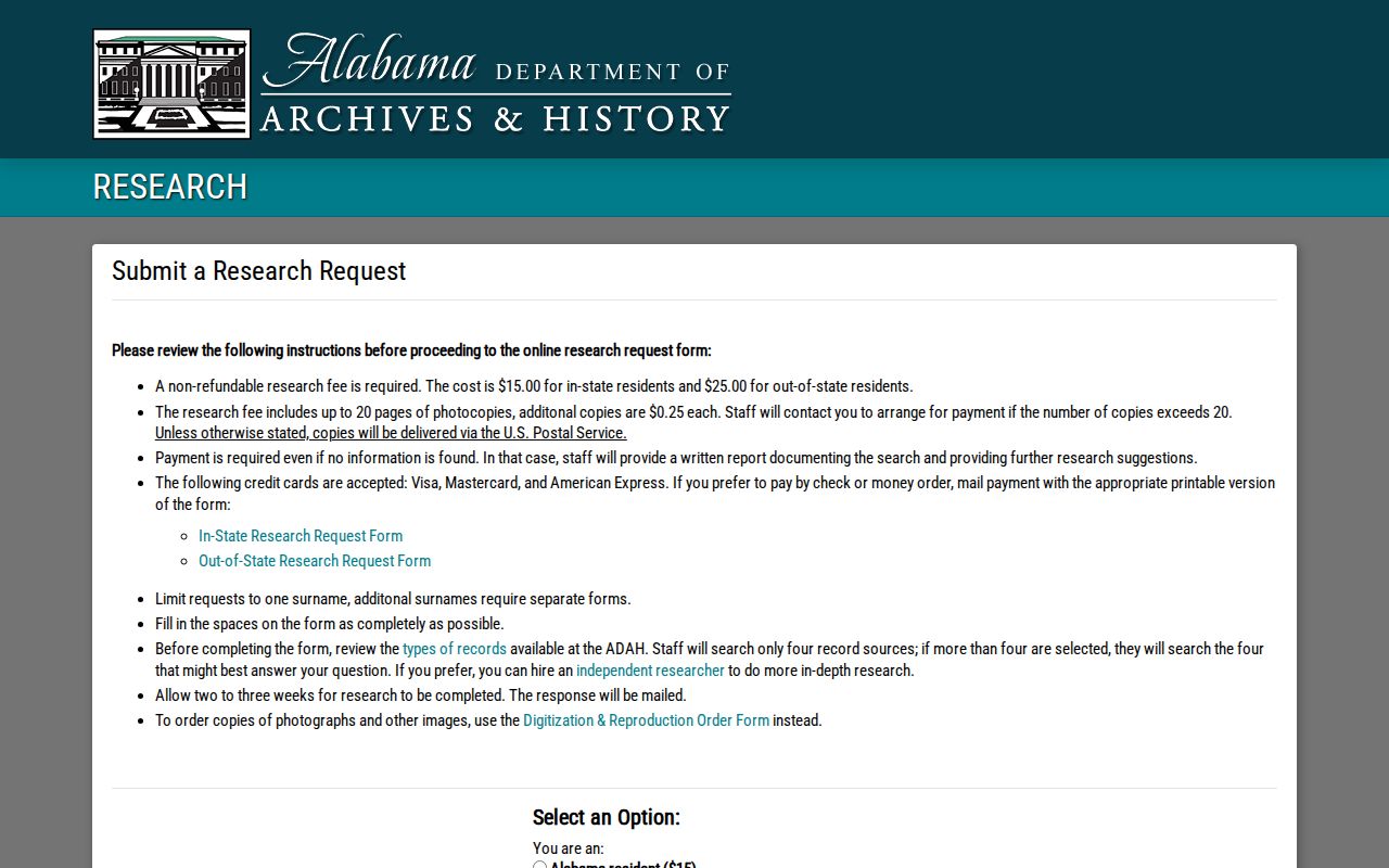 Mobile County previous residents Alabama Archives remote research service